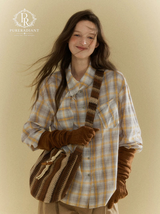 Misty Check Ribbon-Tie Blouse
