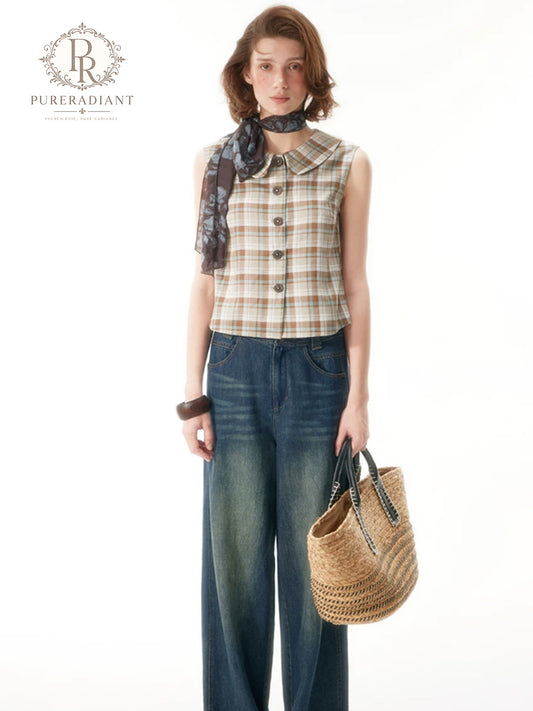Willow Plaid Linen Collar Vest Top
