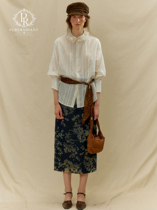 Ruffle Crest Petal-Collar Stripe Shirt