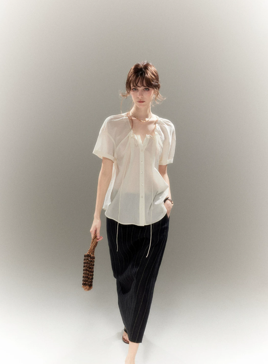 Petal Veil Gathered French Blouse