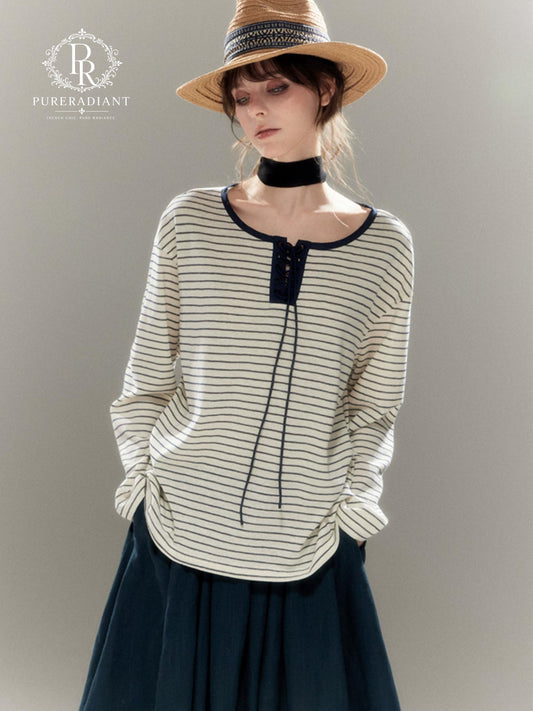 Harbor Muse Lace-Up Striped Henley Top