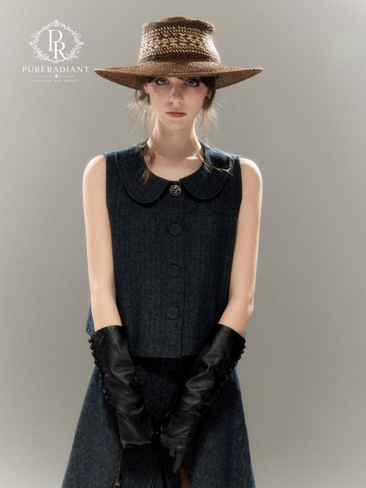 Marais Linen Denim Doll-Collar Vest Set