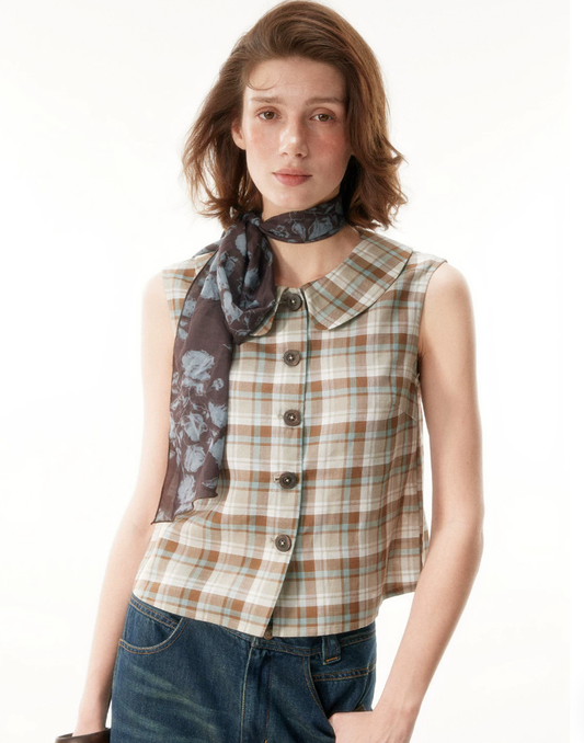 Willow Plaid Linen Collar Vest Top