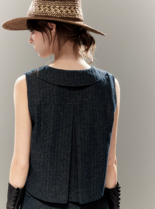 Marais Linen Denim Doll-Collar Vest Set